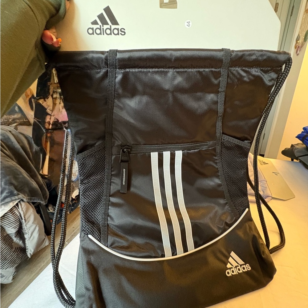 Adidas Black and White Drawstring Backpack